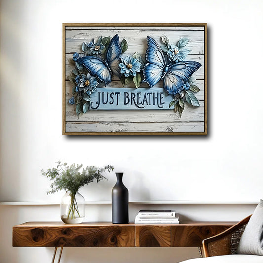 Farmhouse Relaxing Wall Decor, Two Blue Butterflies & Blue Flowers With Quote Just Breathe, Distressed White Wood Plank Background 3D Textured Look Horizontal Inspirational Canvas Artwork