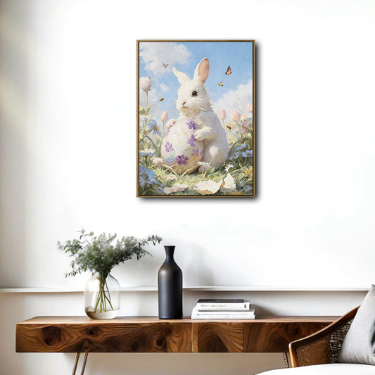 White Bunny Holding Purple Floral Easter Egg Wildflower Meadow Canvas Wall Art