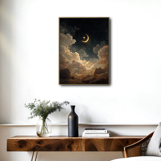 Antique Crescent Moon Starry Sky Canvas Wall Art Celestial Home Decor