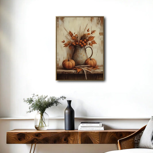 Vintage Fall Pumpkin Metal Pitcher Canvas Wall Art, Autumn Wheat Maple Leaf Still Life Vertical Print, Rustic Farmhouse Thanksgiving Harvest Wall Decor