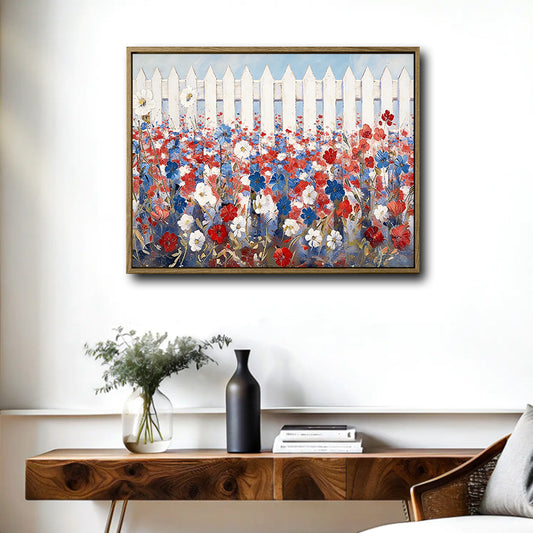 Red White Blue Wildflower White Picket Fence Canvas Wall Art, Patriotic Floral Farmhouse Framed Canvas Print, 4th of July Home Decor