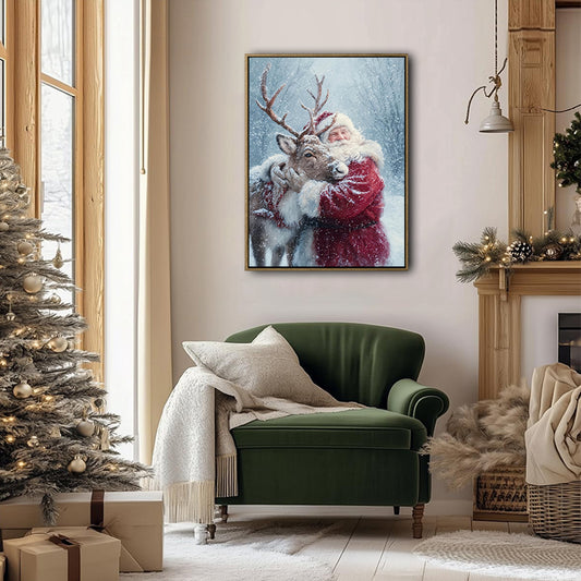 Vintage Santa Hugging Reindeer Snowy Forest Framed Wall Art Christmas Decoration
