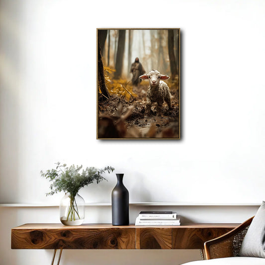 Autumn Woodland Jesus and Muddy Lamb Framed Canvas Wall Art, Religious Spiritual Farmhouse Home Wall Decor
