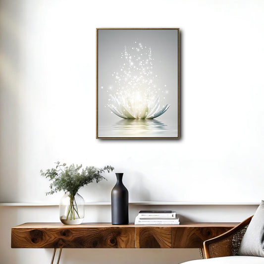 Glowing White Lotus Canvas Wall Art, Sparkling Star Water Lily Print, Minimalist Zen Floral Vertical Wall Decor for Bedroom Spa Yoga Room