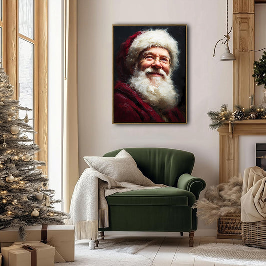 Vintage Santa Portrait Framed Wall Art Oil Painting Christmas Print