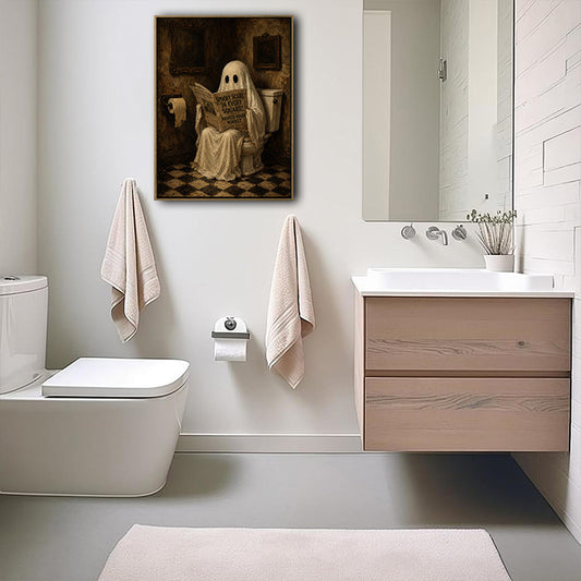 Vintage Funny Ghost Reading Newspaper On Toilet Halloween Framed Wall Art Print