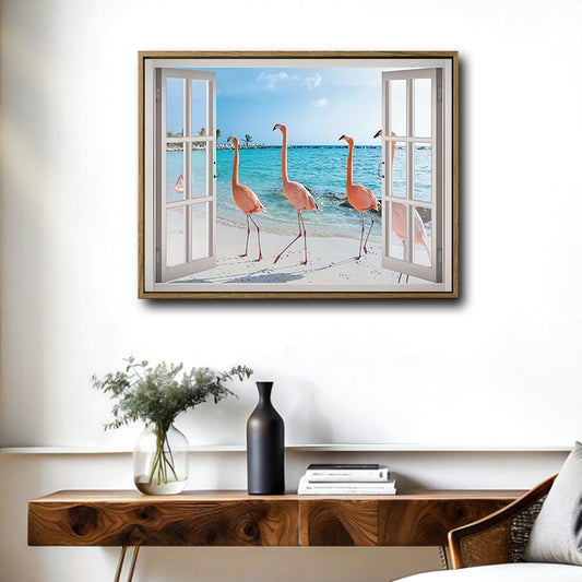Tropical Flamingo Beach Faux Window View Wall Art