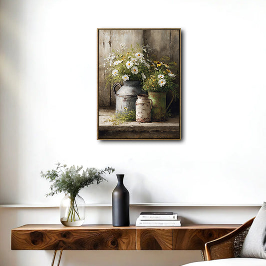 Cottagecore Floral Still‑Life Wall Decor, Vintage Metal Vases with Wild Daisies Oil Painting Canvas Poster