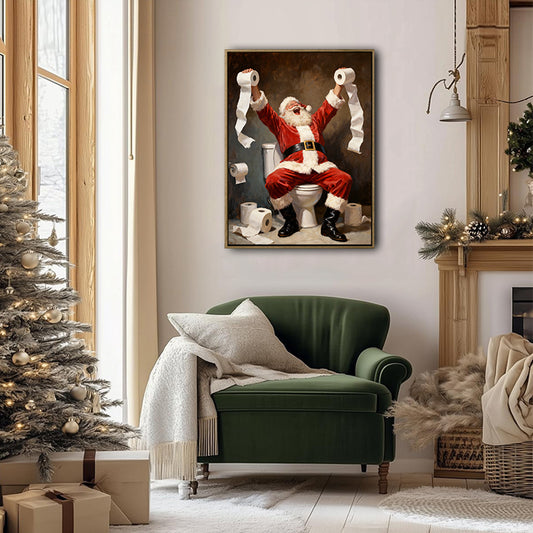 Funny Santa On Toilet With Toilet Paper Framed Wall Art Christmas Decoration