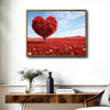 Valentine Red Heart‑Shaped Tree Canvas Wall Art, Romantic Heart Tree in Red Wildflower Field Framed Canvas Print, Love Theme Living Room Bedroom Wall Decor