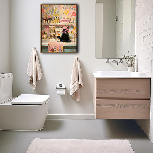 Funny Black Cat Bath Canvas Art | Whimsical Bathroom Wall Decor