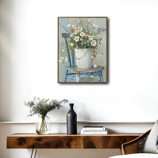 White Wildflower Bucket On Vintage Blue Wooden Chair Canvas Wall Art, Country Cottage Floral Still Life Vertical Print, Shabby Chic Farmhouse Pastel Flower Wall Decor