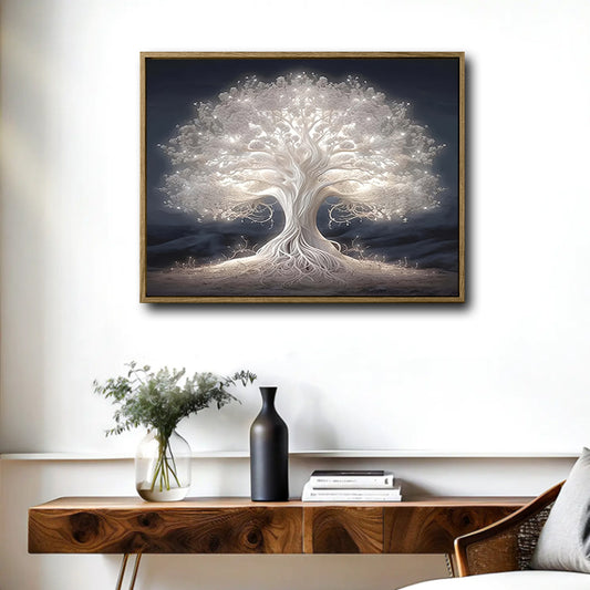 Mystical Glowing Tree of Life Canvas Print, Luminous White Ancient Fantasy Tree Wall Art