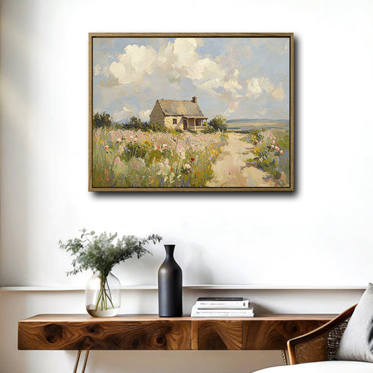 Vintage Country Cottage Wildflower Landscape Canvas Wall Art | Antique Farmhouse Oil Painting Print for Home Decor