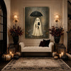 Vintage Ghost Holding Black Cat Umbrella Rainy Halloween Framed Wall Art Print