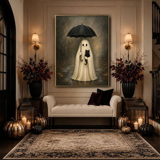Vintage Ghost Holding Black Cat Umbrella Rainy Halloween Framed Wall Art Print