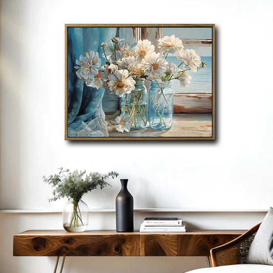 Coastal Window White Flower Ball Mason Jar Canvas Wall Art, Ocean View Floral Still Life Horizontal Print, Beach Cottage Farmhouse Seaside Flower Wall Decor