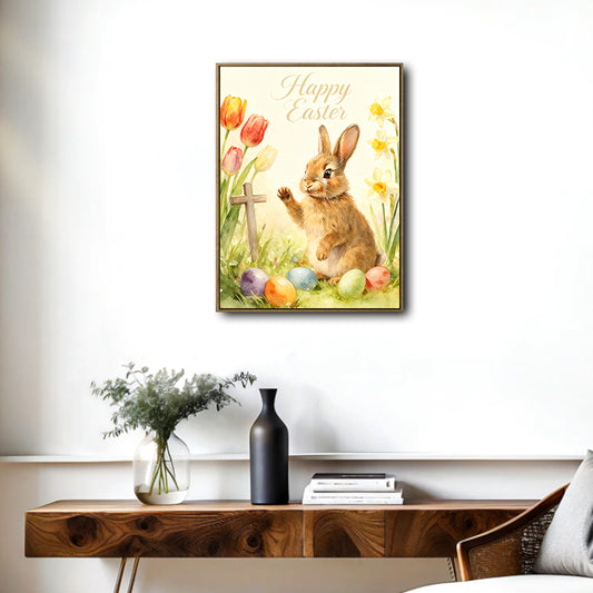 Happy Easter Rabbit Floral Cross Canvas Print