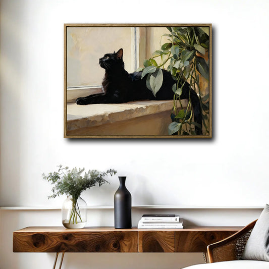 Vintage Black Cat Window Sill Framed Wall Art Print