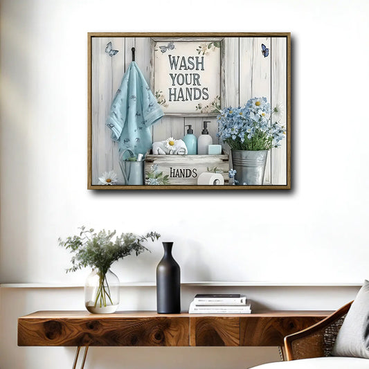 Blue Daisy Floral Bathroom Wall Print, Wash Your Hands Sign Country Cottage Canvas for Powder Room Decor