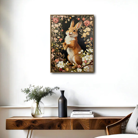 Retro Spring Floral Bunny Canvas Poster, Whimsical Woodland Animal Art Print for Living Room Kids Room Wall Decoration