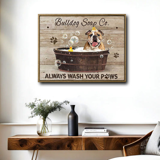 Rustic Bathroom Wall Decor, English Bulldog Bubble Bath Wooden Tub With Rubber Duck, Bulldog Soap Co Always Wash Your Paws Quote Vintage Wood Background Horizontal Canvas Artwork