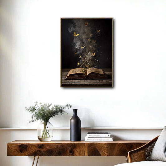 Dark Fantasy Magic Book Canvas Poster, Vintage Open Book Golden Butterfly Glitter Artwork for Reading Nook Gallery Wall Decor