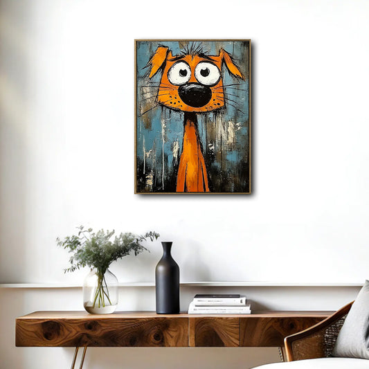 Abstract Orange Funny Dog Canvas Wall Art, Whimsical Big Eyed Cartoon Dog Painting, Modern Graffiti Style Pet Wall Decor for Living Room Bedroom