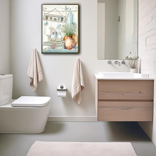 Watercolor Farmhouse Bathroom Canvas Poster, Vintage Bath Essentials Floral Butterfly Artwork for Guest Bathroom Wall Decor