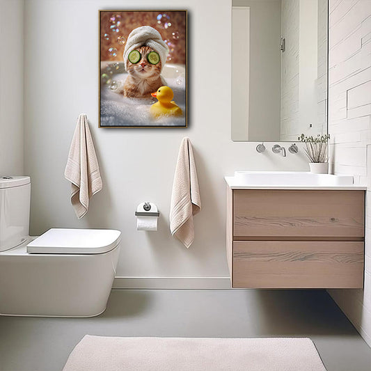 Whimsical Spa Cat Bathroom Poster, Ginger Cat Relaxing In Bubble Bath With Rubber Duck Print, Humorous Wall Art for Cat Lovers