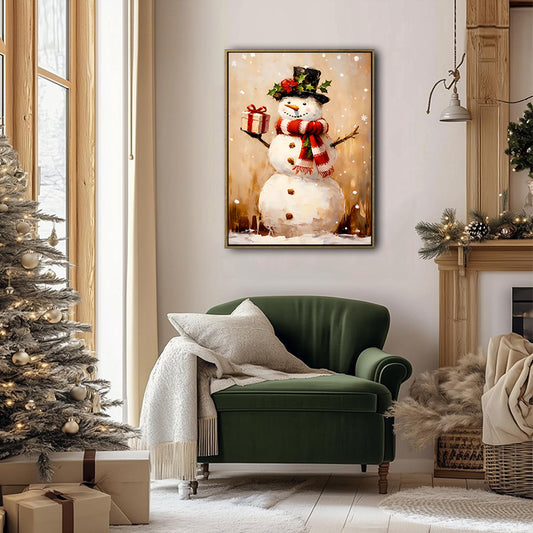 Vintage Snowman Gift Box Framed Wall Art Oil Painting Christmas Winter Print