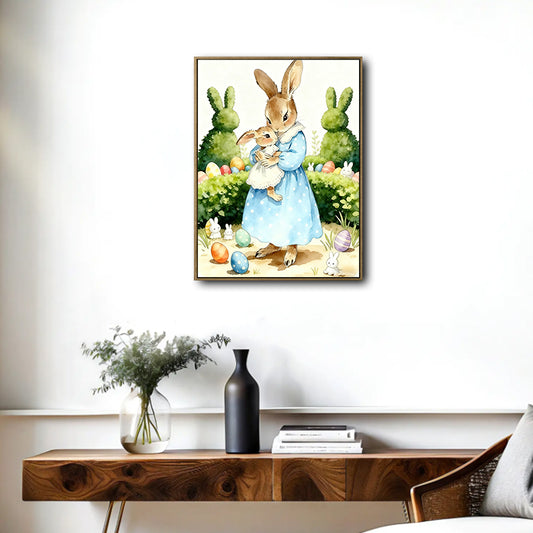 Watercolor Mother Baby Bunny Easter Garden Canvas Wall Art
