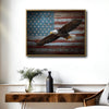 Rustic American Flag Wooden Background With Soaring Bald Eagle Framed Canvas Wall Art, Patriotic Farmhouse Wall Decor Print