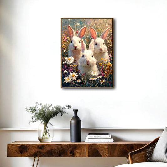 Three Bunnies Floral Meadow Canvas Art