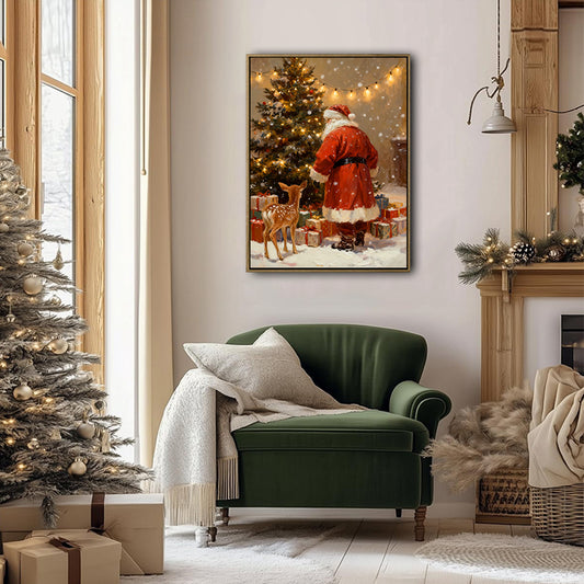 Santa & Little Deer Framed Wall Art Vintage Oil Painting Christmas Print