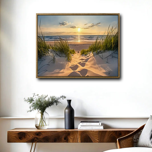 Beach Dunes Sunset Footprints Canvas Print, Coastal Seaside Horizontal Wall Art