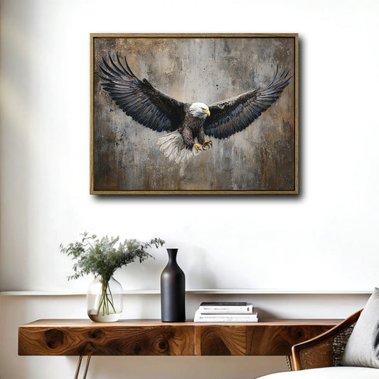 Rustic Flying Bald Eagle Framed Canvas Wall Art, Vintage Textured Patriotic Eagle Canvas Print for Home Office Decor