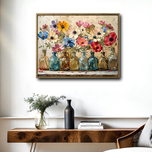 Colorful Cosmos Flowers Vintage Glass Bottles Canvas Wall Art, Multicolor Wildflower Floral Still Life Horizontal Print, Farmhouse Rustic Country Flower Wall Decor