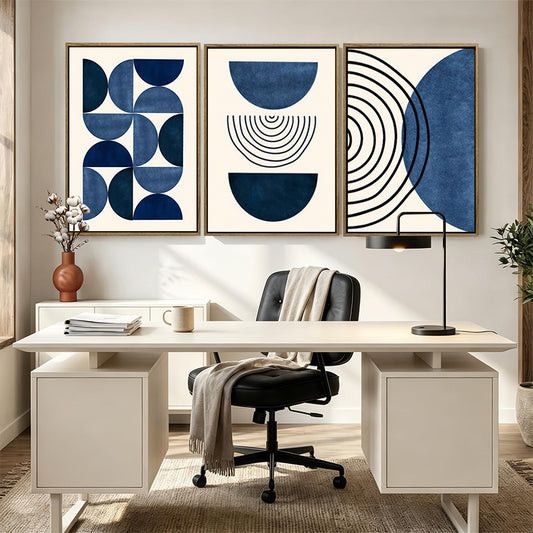 Set of 3 Navy Blue Abstract Geometric Semicircle Line Framed Wall Art Prints