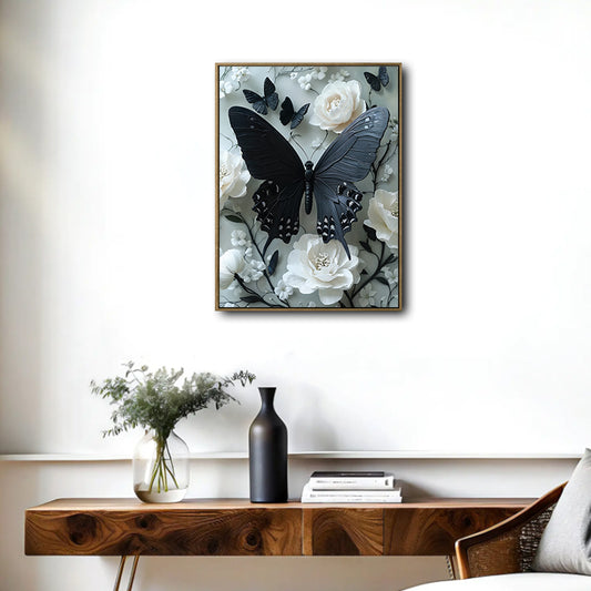 Black Butterfly and White Peony Flower Canvas Wall Art, Vintage Floral Black Butterfly Print, Elegant Dark Botanical Wall Decor for Bedroom Living Room