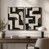 2 Piece Neutral Block Shape Abstract Canvas Prints Black Cream Curved Geometric Painting Wabi Sabi Contemporary Wall Art
