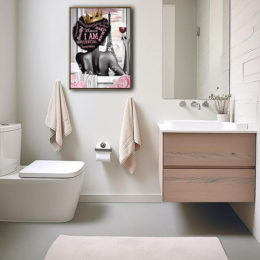 I Am Influential Black Queen Canvas Wall Art, Afro Woman Crown Wine Paris Eiffel Tower Print, Pink Floral Motivational Glam Bathroom Bedroom Wall Decor