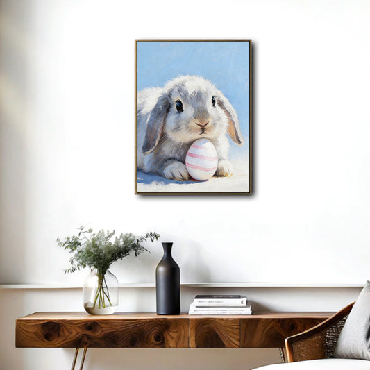 Grey Lop Bunny with Pink Striped Easter Egg Canvas Wall Art