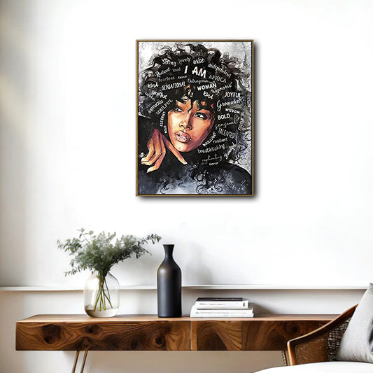 I Am African Woman Canvas Wall Art, Inspirational Afro Black Woman Positive Affirmation Portrait Painting, Motivational Black Girl Magic Wall Decor