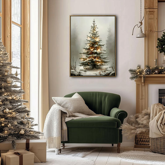 Snowy Lighted Christmas Tree Foggy Forest Framed Wall Art Christmas Decoration