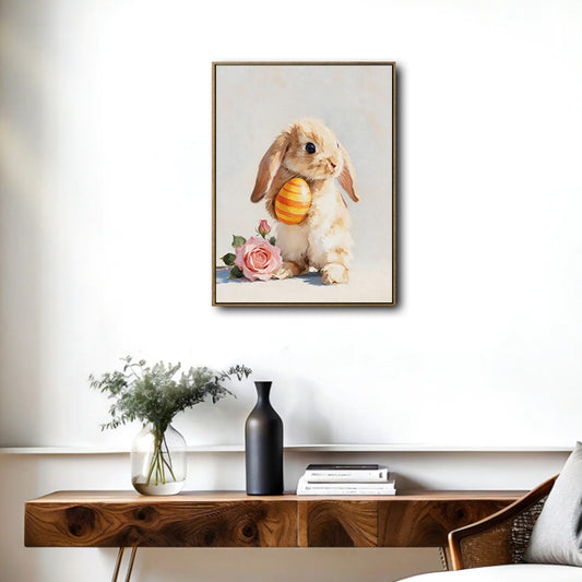 Lop Ear Bunny Holding Easter Egg Pink Rose Canvas Wall Art