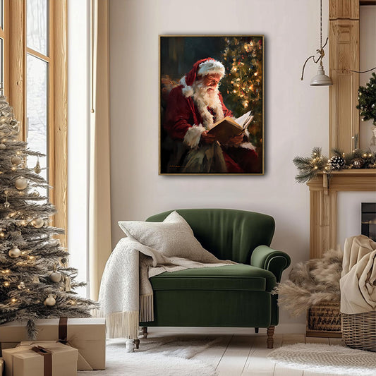 Vintage Santa Reading Book Framed Wall Art Oil Painting Christmas Print
