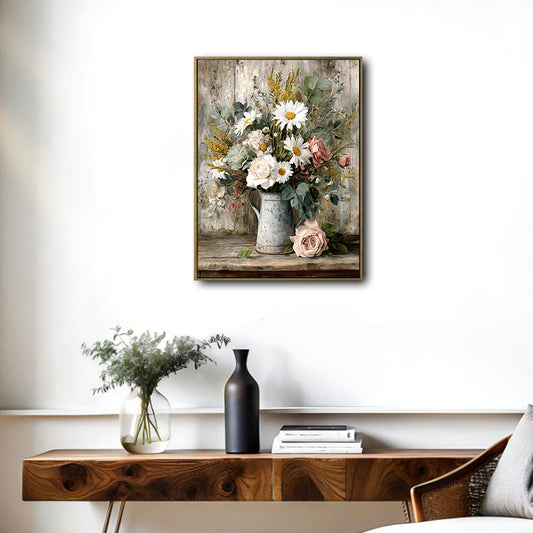Rustic Cottagecore Floral Wall Decor, Vintage Metal Pitcher Flower Bouquet Still‑Life Oil Painting Canvas Poster
