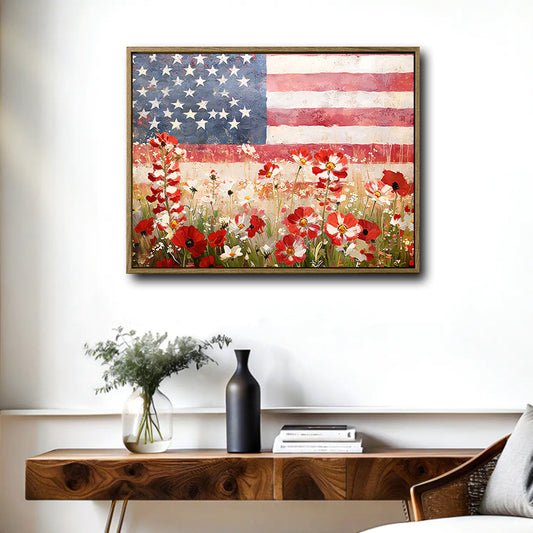 Patriotic USA Flag Red Poppy Wildflower Canvas Wall Art, Distressed Vintage Framed Print for Living Room Home Decor