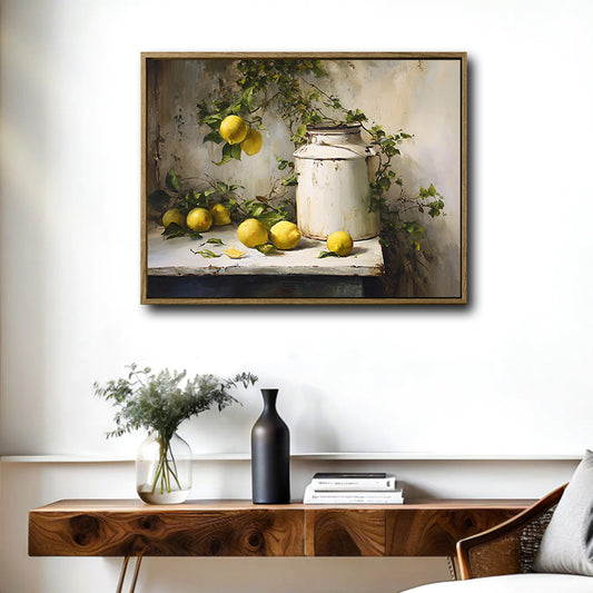 Rustic Country Lemon Wall Print, Antique‑Style Fruit Still Life with Ivy Canvas Art for Dining Room Cottage Home Decor